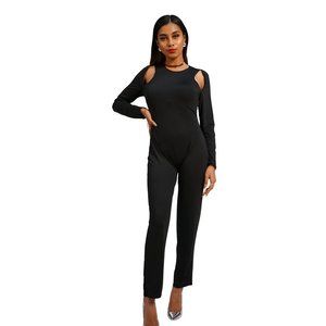 Womens Black Polyester Hollow Sides Jumpsuit